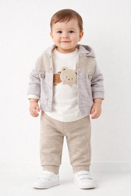 Baby Boy 3-Piece Set with Jacket, Teddy Bear Embroidery, Transitional Hooded 3-Piece Bodysuit, 0-3-6-9 Months Old