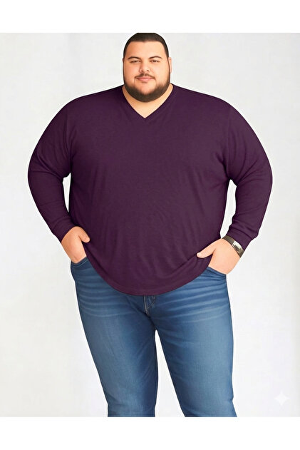 sngl Erkek Büyük Beden Oversize Uzun Kollu V Yaka T-shirt 3xl 4xl