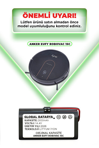 GLOBAL BATARYA Anker Eufy Robovac 15C Akıllı Robot Süpürge