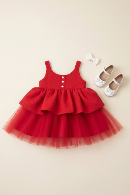 Brocade Girl's Baby Cotton Lined Red Strap Tulle Dress