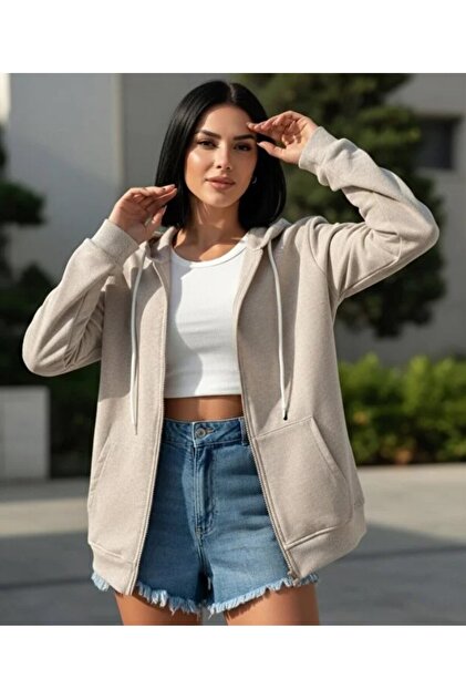 Miyalon Fermuarlı kapşonlu unisex sweatshirt krem - Fiyatı, Yorumları