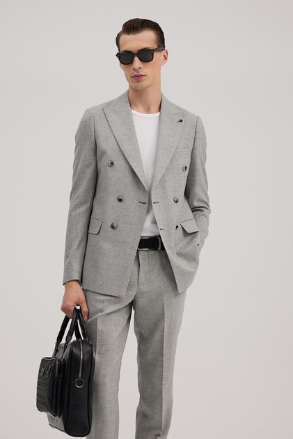 Gray Slim Fit Plaid Double-Breasted Piece Suit