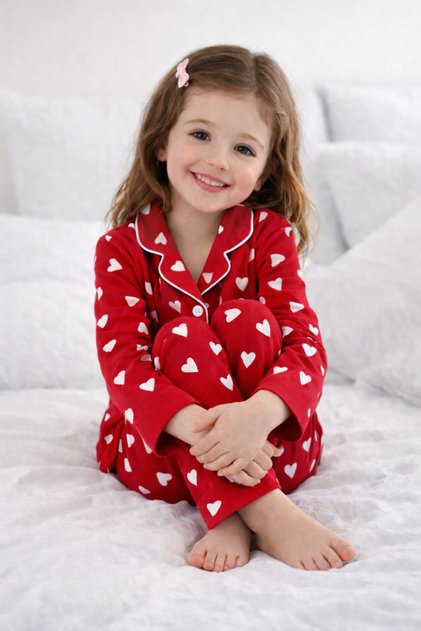 Girls' Pajama Set Red Color White Heart Pattern Cotton Suede Fabric Be Peter Pan collar Zun Sleeves