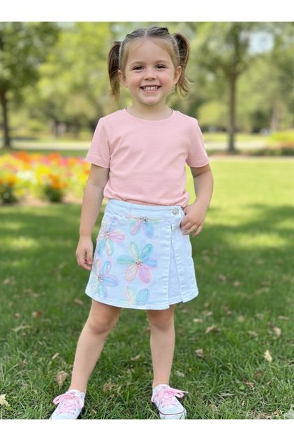 Colorful Floral Decorated Gabardine Shorts Skirt