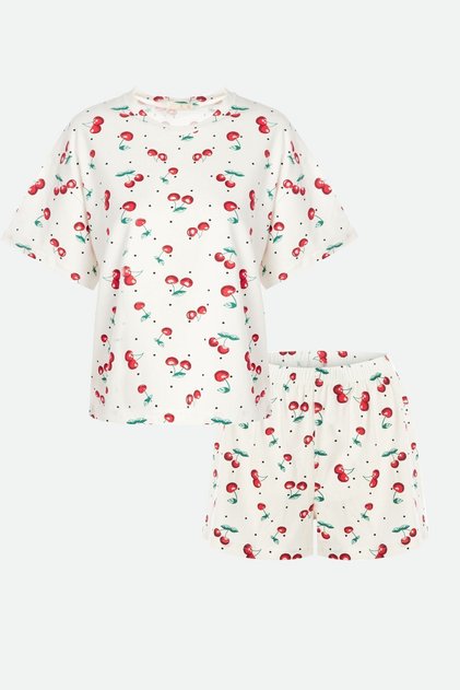 Women's Cherry Patterned Short Sleeve Shorts Pajama Set