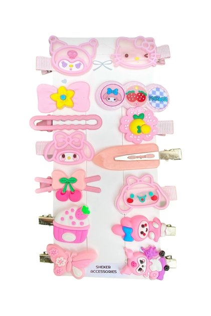 Girl & Baby Kuromi Pink Hair Clips/Snap Clips Set 14 Pieces – Mixed Hair Accessories