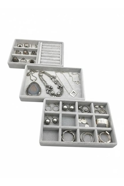 Domestic Production Suede Fabric Gray Color Set of 3 Jewelry Stand with Drawer Inside
