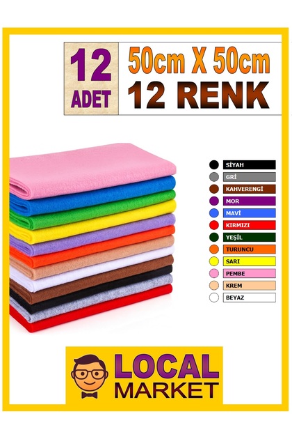 50cm X 50cm Renkli Keçe Kumaşlar, 12 adet temel renkler 1,2 mm el işi keçesi