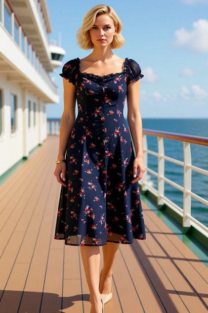 Women's Midi Dress Heart Neckline Balloon Sleeve A-Line Fit Floral Woven Chiffon Stylish