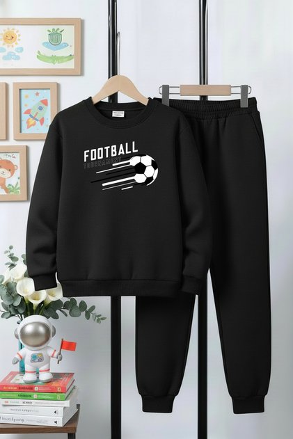 3 Thread Round Neck Thick Winter Sh Fleece-Lined Football Print Detailed Boys' Tracksuit Set