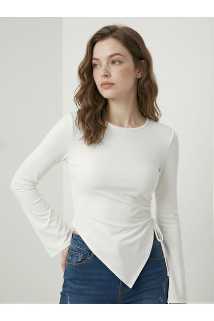 Women's White Round Neck Drape Detailed Spanish Sleeve Hijab Matching Blouse