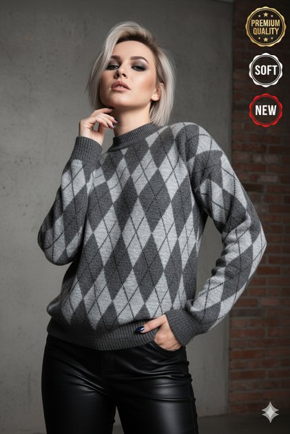 Women's Gray Anthracite Small Diamond Pattern Sweater Xs-S-M Size Compatible Standard Size Soft Knitwear Sweater