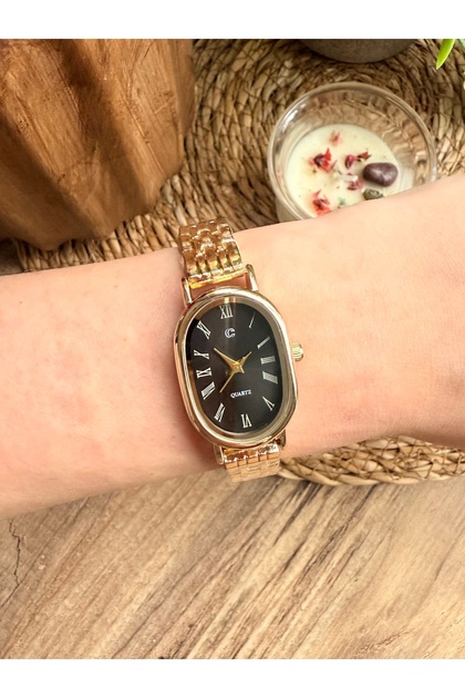 Oval Gold Inside Black Women's Wrist Watch