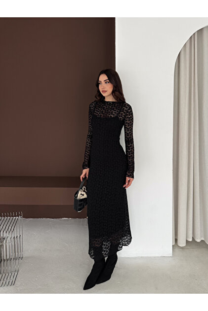 Kayaka triko Long Lace Dress with Lining Inside- Trendyol