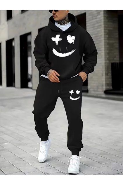 Men's Printed GRAY Hooded Sweatshirt Jogger Pants Oversized Tracksuit Set