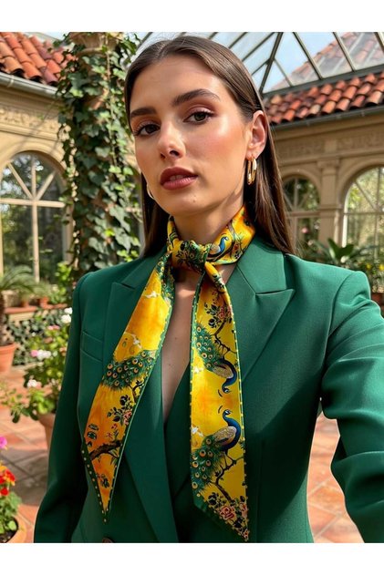 Women's Green Yellow Colorful Modern Patterned Scarf – Suitable for Blazer, Bag, and Neck – Gift Alternative