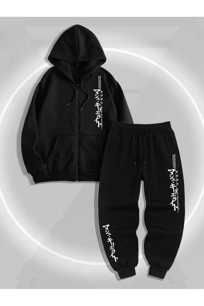 Men's 3 Thread K Hooded Zippered Letter B Printed Relaxed Fit Tracksuit Set