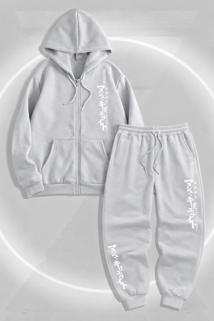 Men's 3 Thread K Hooded Zippered Letter B Printed Relaxed Fit Tracksuit Set