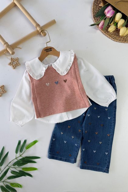 My Little Girl's Sweater Set with Heart Embroidery Detail - Pink