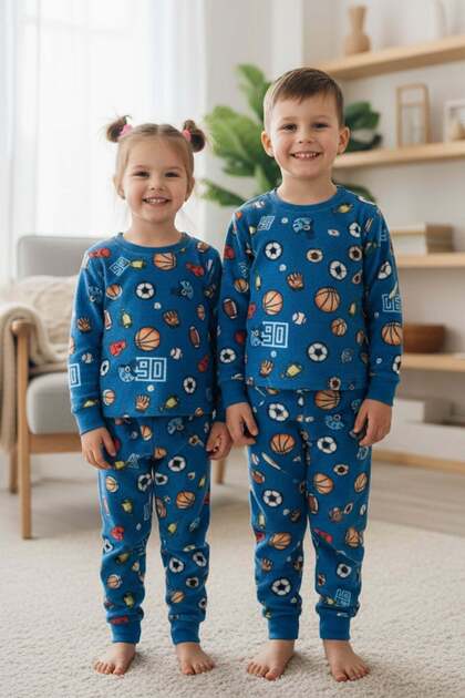 Top Patterned Crew Neck Fleece Unisex Children's Pajama Set