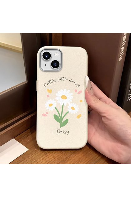 iPhone 15 Compatible White Leather Textured Silicone Protects Camera Shock-Absorbing Case Flower