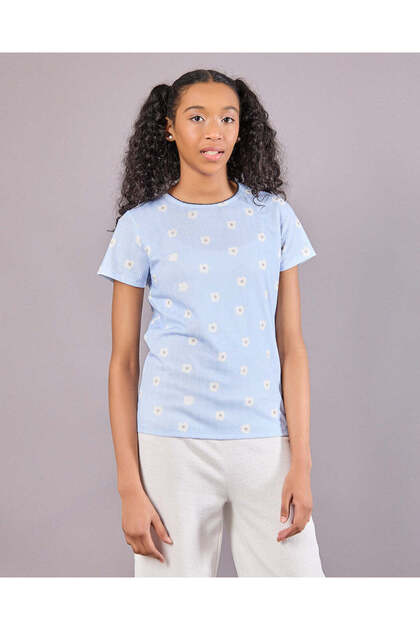 Senior Girls Blue Floral Print T-Shirt