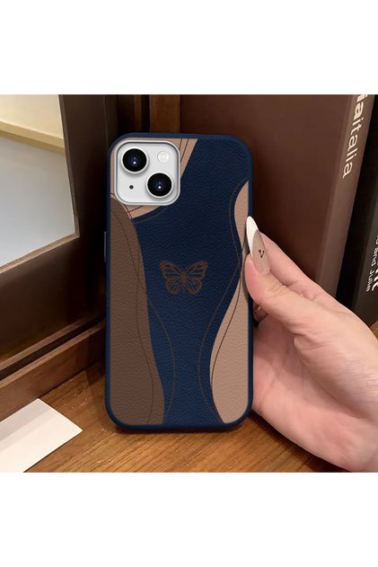 iPhone 15 Compatible Blue Leather Textured Silicone Protects Camera Shock-Absorbing Case Butterfly