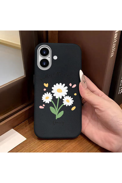 iPhone 16 Compatible Black Leather Textured Silicone Protects Camera Shock-Absorbing Case Flower
