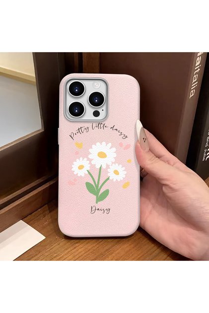iPhone 15 Pro Compatible Pink Leather Textured Silicone Protects Camera Shock-Absorbing Case Flower