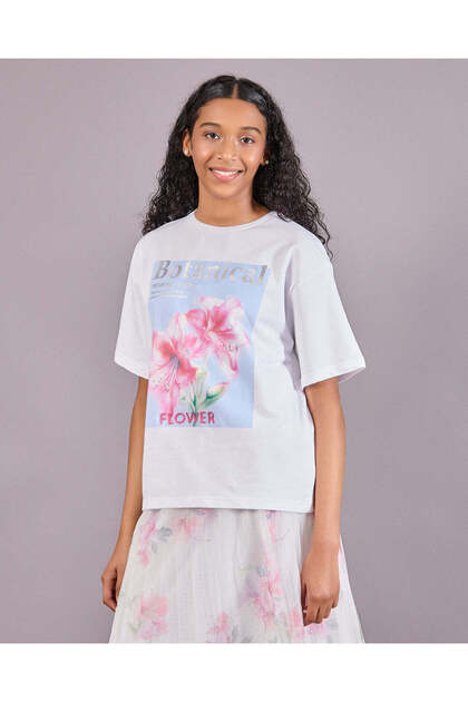 Senior Girls White Floral Print Interlock Oversize T-Shirts