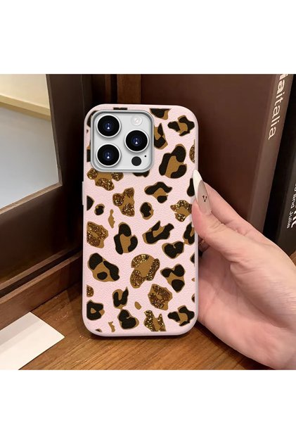 iPhone 14 Pro Compatible Pink Leather Textured Silicone Protects Camera Shock-Absorbing Case Leopard