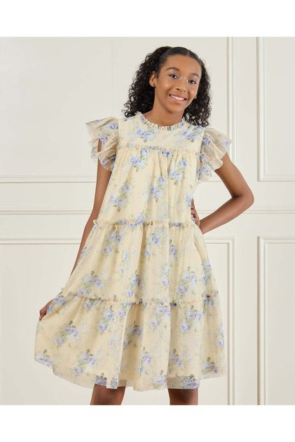 Senior Girls Yellow Floral Mesh Lurex Dress