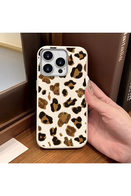 iPhone 15 Pro Max Compatible White Leather Textured Silicone Protects Camera Shock Absorbing Case Leopard