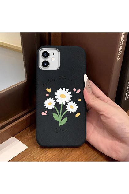 iPhone 11 Compatible Black Leather Textured Silicone Protects Camera Shock Absorbing Case Flower