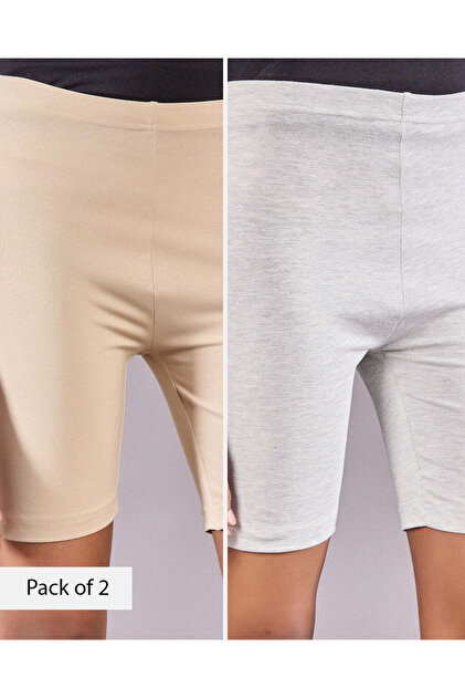 Senior Girls Beige And Grey Cyling Shorts Set (Pack of 2)