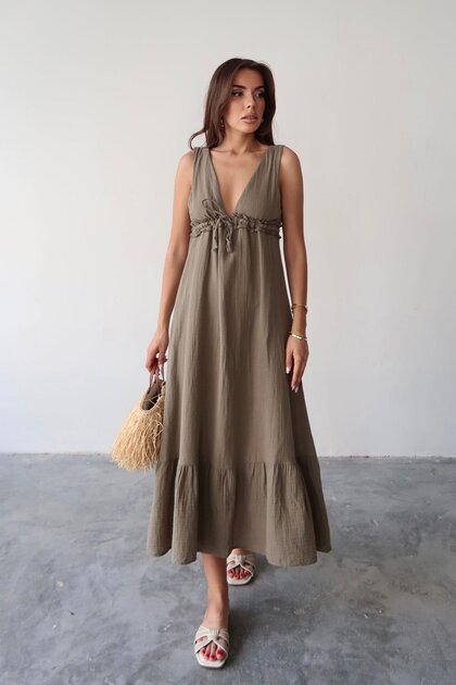 Mink V-Neck Ruffle Detailed Muslin Lined Dress Vs00671