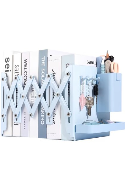 Adjustable Bookends, Metal Book Ends 2 Dividers Bookends with Removable Pen Holder Tray 3 Hook up