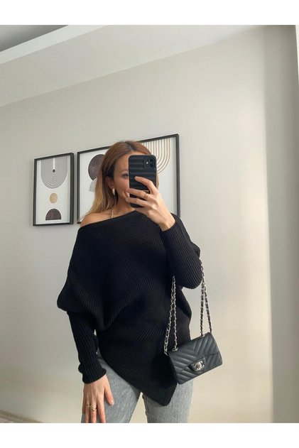 Asymmetrical Cut Boat Neck Bat Sleeve Knit Sweater