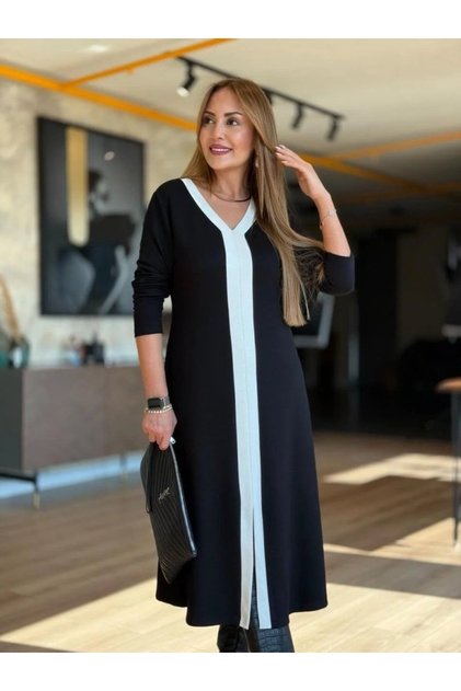 Women's Long Sleeve V Stripe Collar Front Short Slit Detailed Midi Viscose Two Thread Elbis