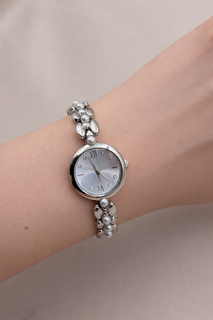 Round Case Gold Pearl Stone Silver Cord Steel 20mm Women's Watch