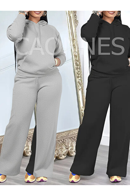 Seasonal Women's 2-Piece (Black + Gray) Sweatpants Loose-Fit Baggy Plus Size with Pockets