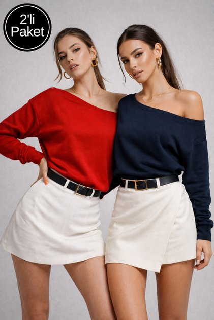 Women's 2-Pack Navy Blue - Red Off-Shoulder Modal Blouse