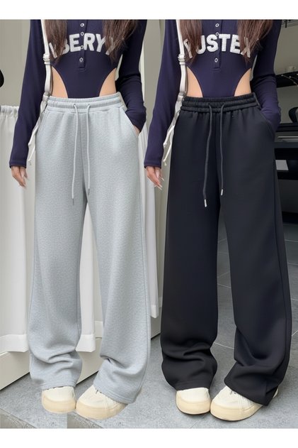 Winter Fleece-Lined Women's 2-Piece (Black + Grey) Sweatpants with Cotton Inside, Loose Fit, Baggy, Plus Size, with Pockets