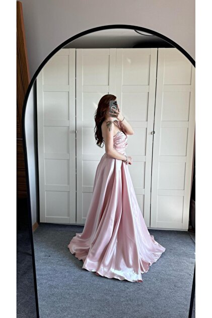 AYŞENUR DİNÇER Ophelia Satin Low Sleeve Powder Pink Evening Dress