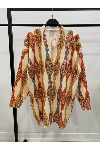 Digital Printed Patterned V-Neck Buttoned Transitional Knitwear Long Cardigan - 1182
