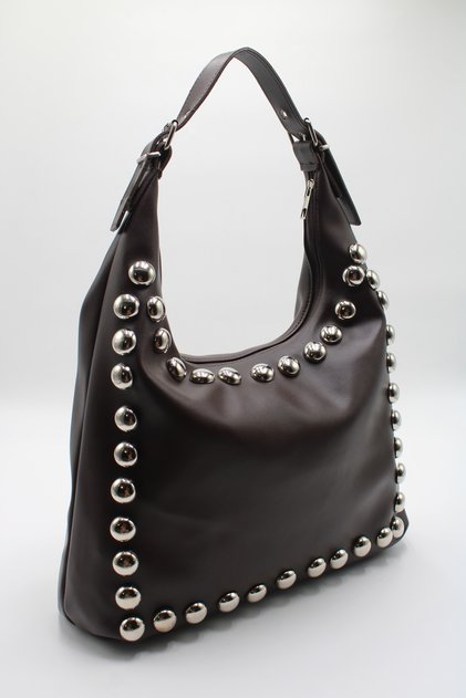 Women's Brown Large Silver Metal Stud Detailed Adjustable Strap Handbag and Shoulder Bag