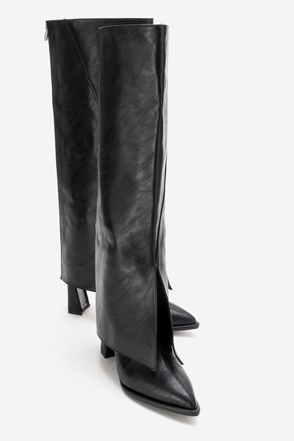 Aja Black Leather Women's Thick Heeled Boots That Can Be Used as Boots