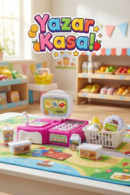 Işıklı Sesli Oyuncak Yazar Kasa Market Seti - Barkod Okuyuculu, Sepetli ve Aksesuarlı Oyuncak