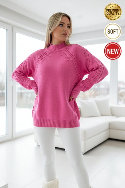 Women's Pink Knit Polka Dot Hair Braid Detail S-M-L Compatible Standard Half Turtleneck Knitwear Sweater