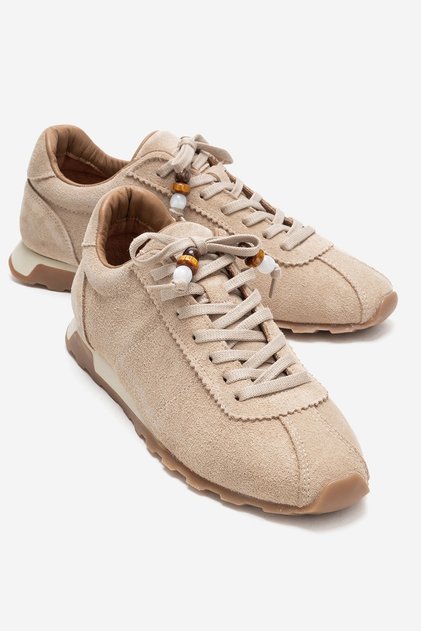 Brea Beige Suede Genuine Leather Beaded Women's Casual Sneaker